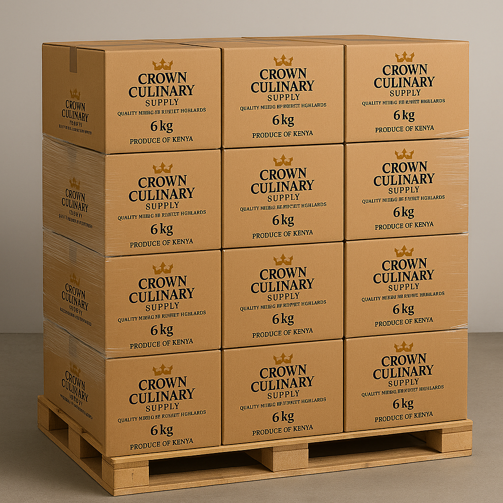 Pallet of Crown Culinary Supply boxes ready for distribution